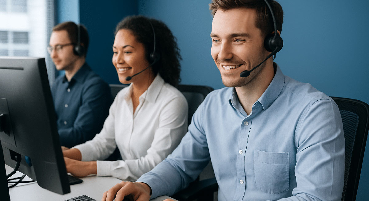 Photo of a three customer support agents talking to customers