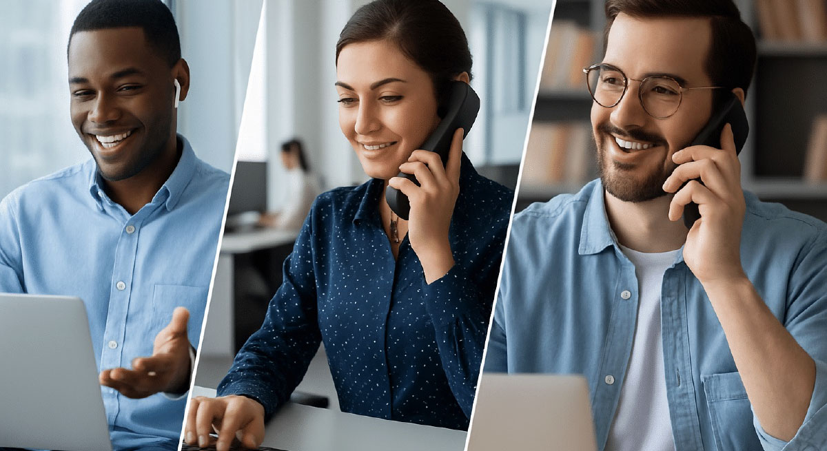 A split photo with a man on a laptop, a woman on the phone, and a man on the phone