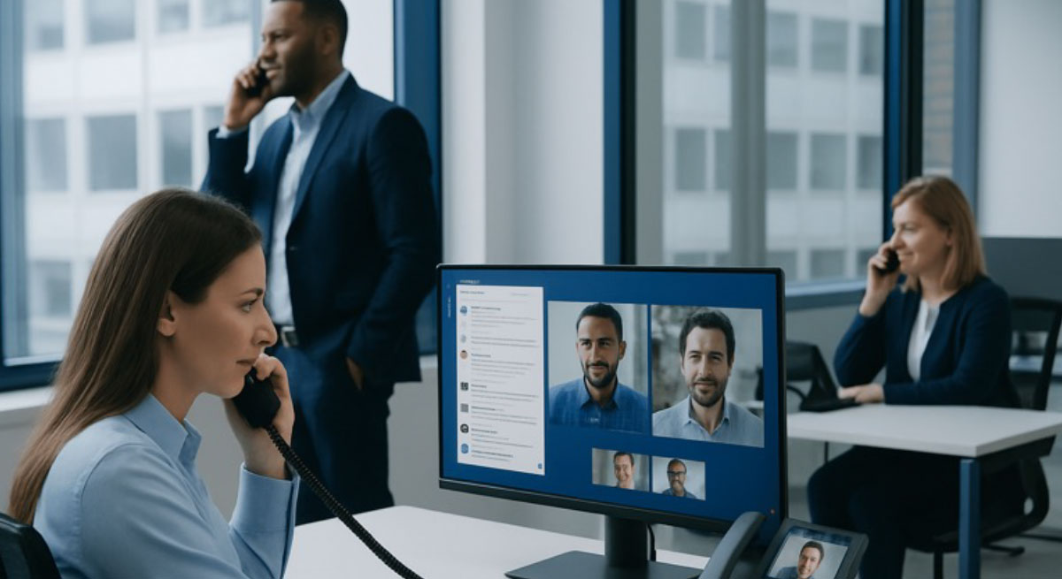 A photo of several office workers on the phone