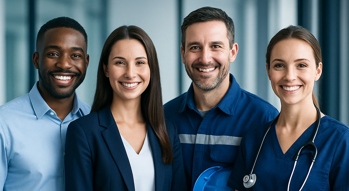 Four people of different professions smiling