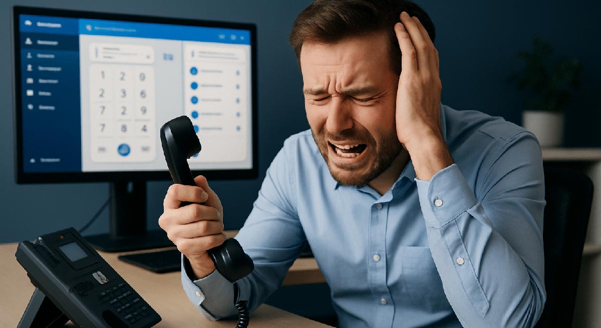 Photo of a man with a headache holding a phone