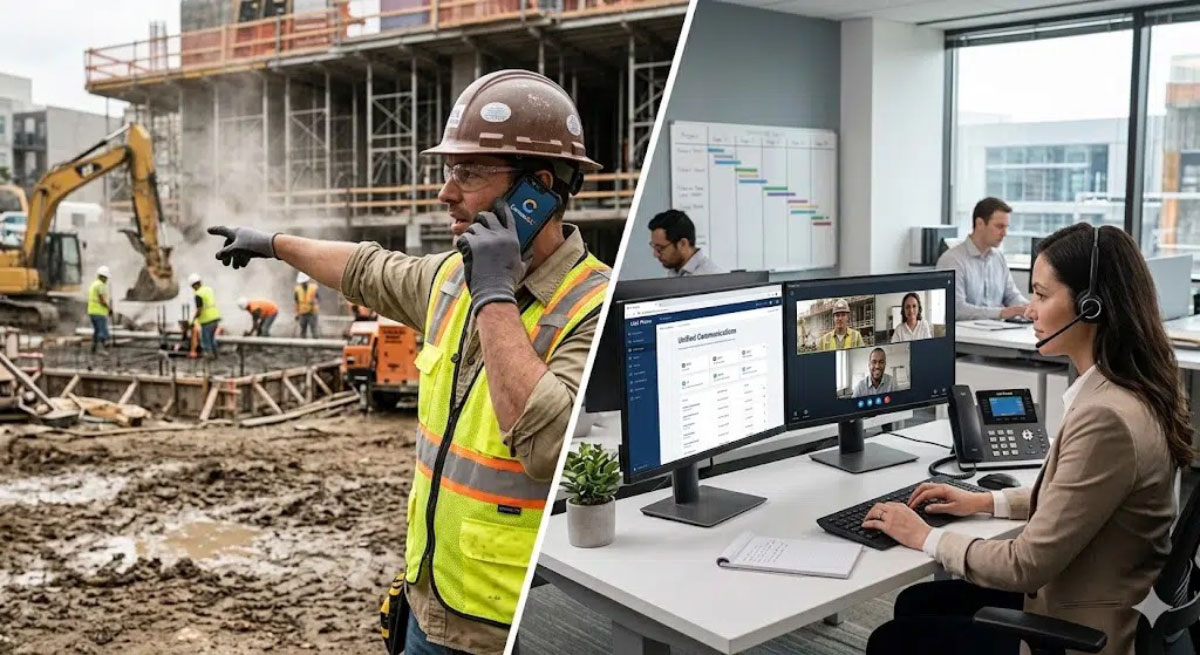 Split screen photo of a construction worker talking on the phone and a woman sitting behind a computer