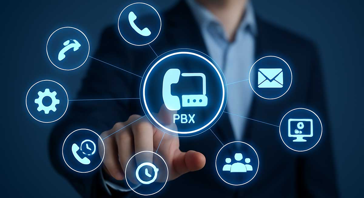 A photo of a man pointing to a digital touch interface of telephone icons