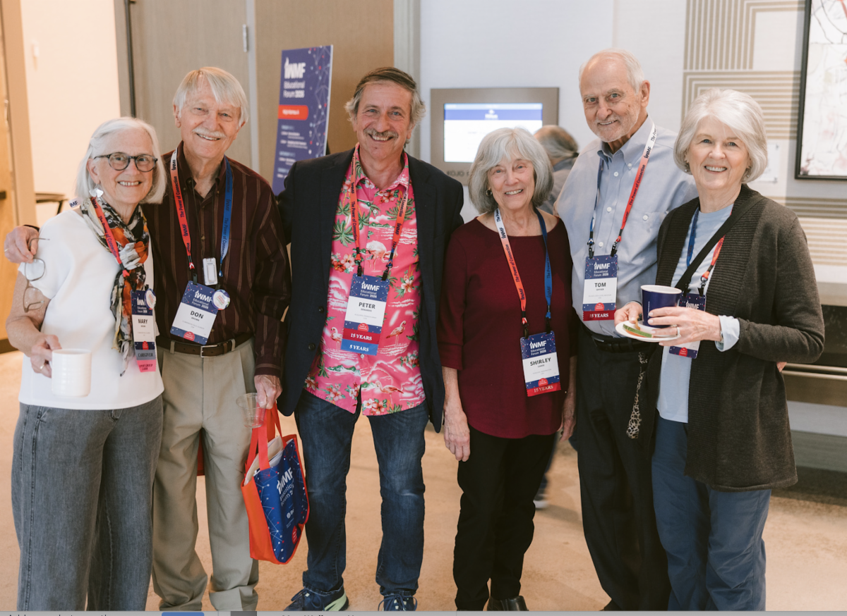 Group shot of Long-time Ed Forum Attendees smiling: Mary and Don Brown, Pete DeNardis, Shirley Ganse, Tom and Charlene Shyver
