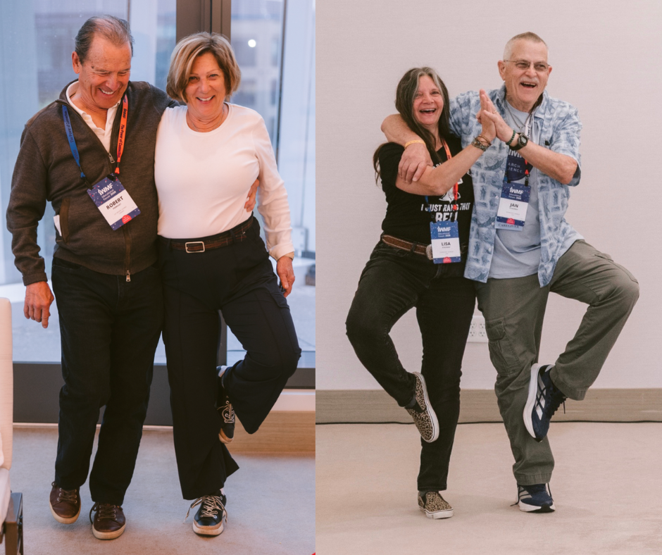 photo of two different WM couples doing Partner Tree pose - smiling!
