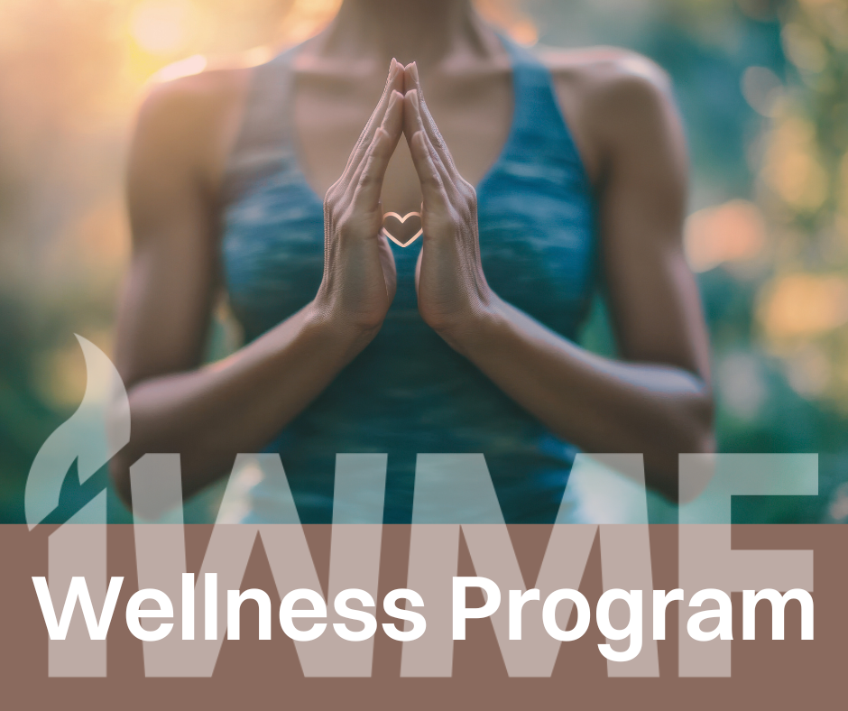IWMF Wellness Program with photo of woman holding hands together with a small heart radiating between them