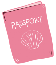 A pink passport with a white seashell drawing on the front.