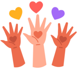 Three cartoon hands raised with fingers outstretched and a heart drawn on the palm. There are also three hearts drawn above the hands - yellow on the left, red in the middle, and purple on the right.