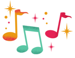 Colourful music notes surrounded by sparkles and dots of different sizes.