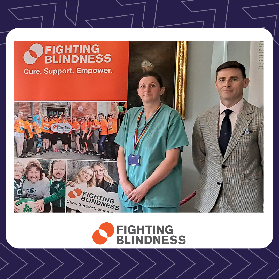 Dr Sarah Chamney and Dr Mike Boyle, Rotunda Hospital standing in front of a Fighting Blindness banner.