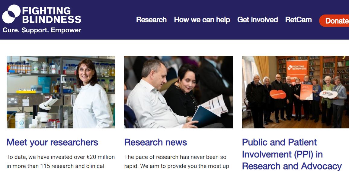 A screengrab of the Fighting Blindness website, showing the recent updates to the Research section.