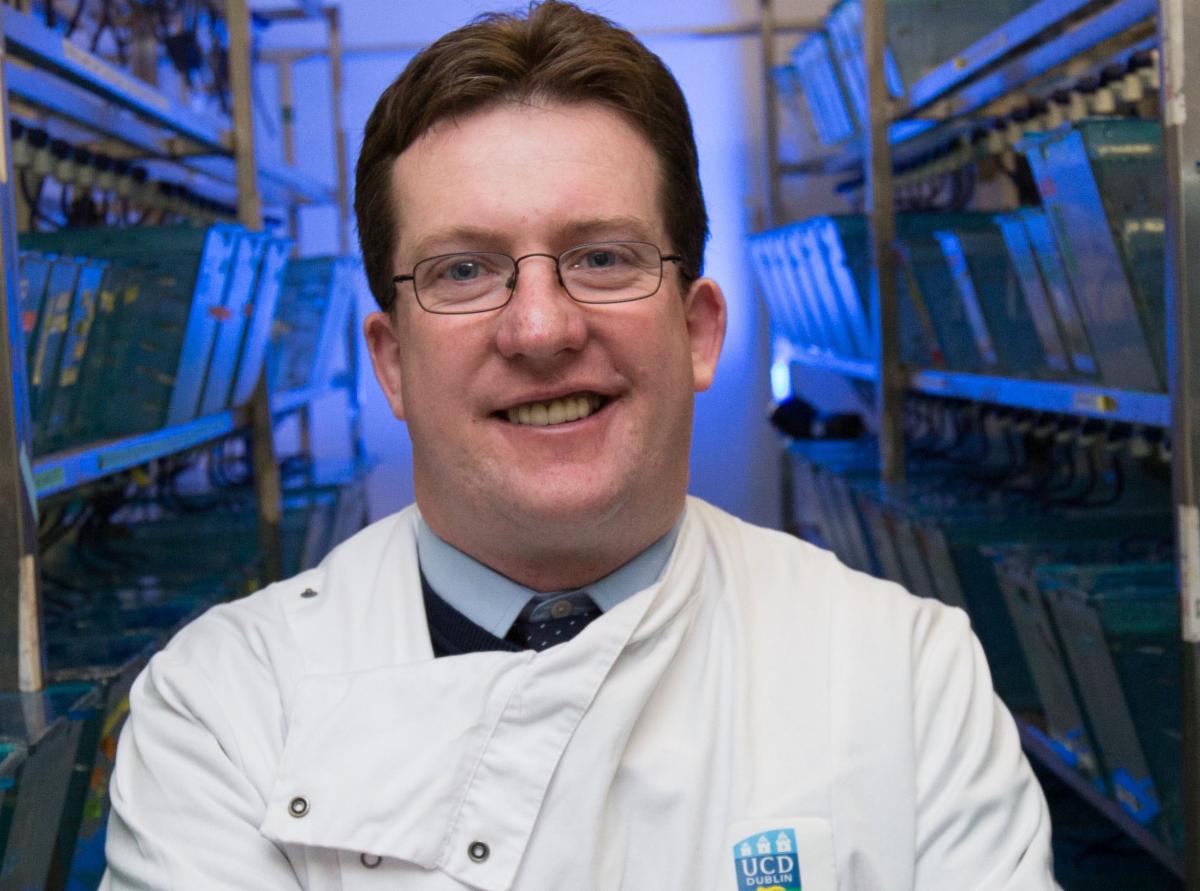 A photograph of Professor Breandan Kennedy. He is wearing a white lab coat with UCD written on it and photographed in a lab setting. He is smiling to the camera.