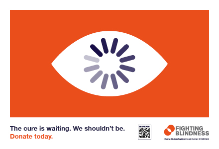 The Cure is Waiting advert. A loading wheel centred in an eye shape, with the text: The cure is waiting, we shouldn't be.