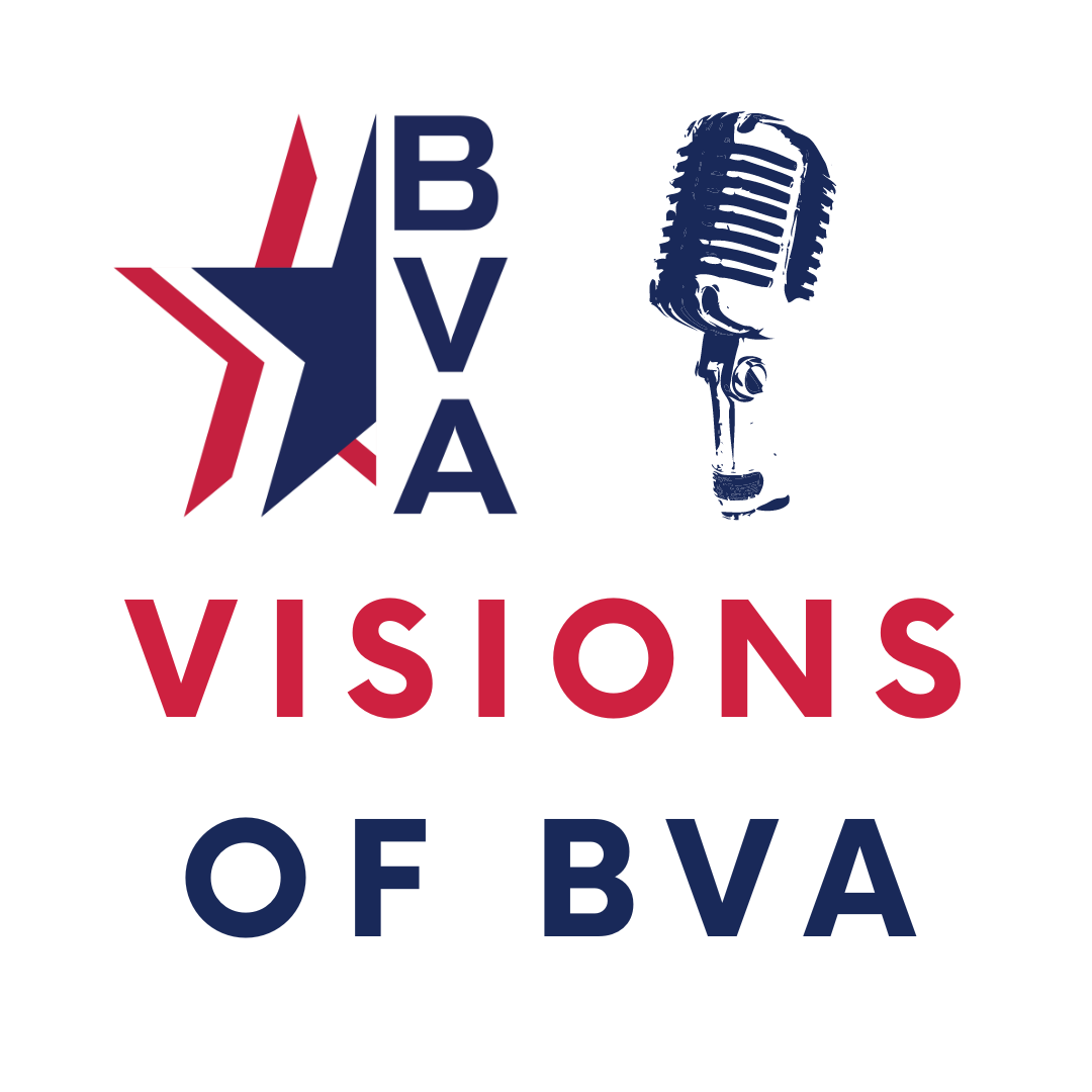 Visions of BVA logo featuring the small BVA logo on the left, a podcast microphone on the right, and text that reads “Visions of BVA”; on the bottom 
