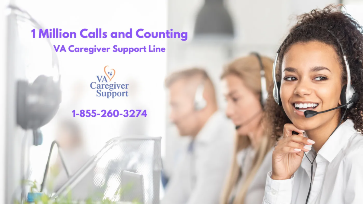 Photograph promoting VA Caregiver Support Line, featuring smiling headset-wearing support agent alongside blurred call-center staff. Purple text highlights “1 Million Calls and Counting,” “VA Caregiver Support,” and phone number 1-855-260-3274.