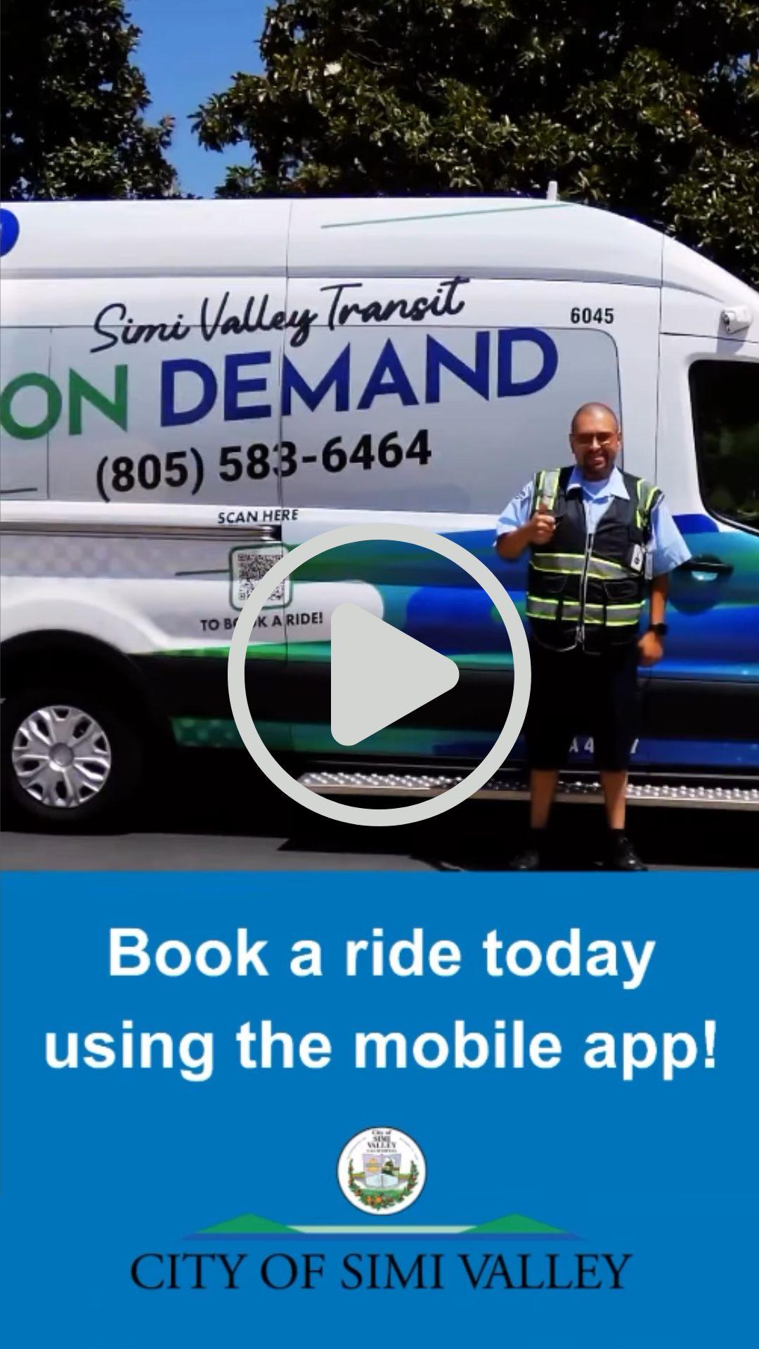 Transit on Demand bus driver standing in front of van with a video play button