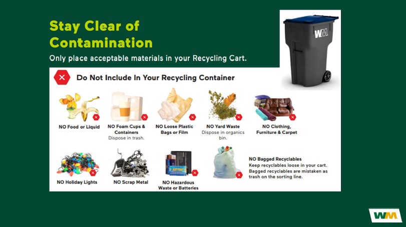Flyer from Waste Management showing items that should and shouldn't be placed in the green waste bin. 