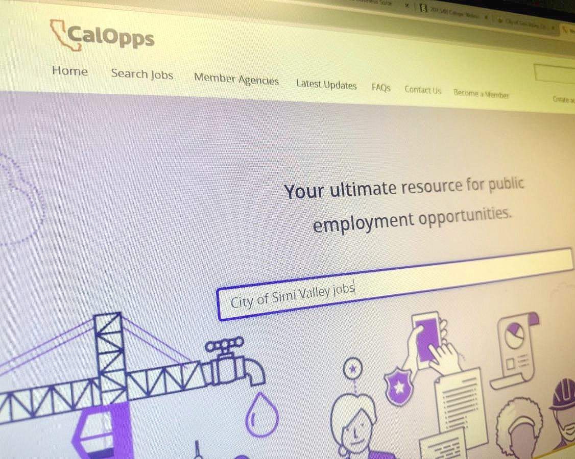 CalOpps website home page with "City of Simi Valley jobs" in search bar