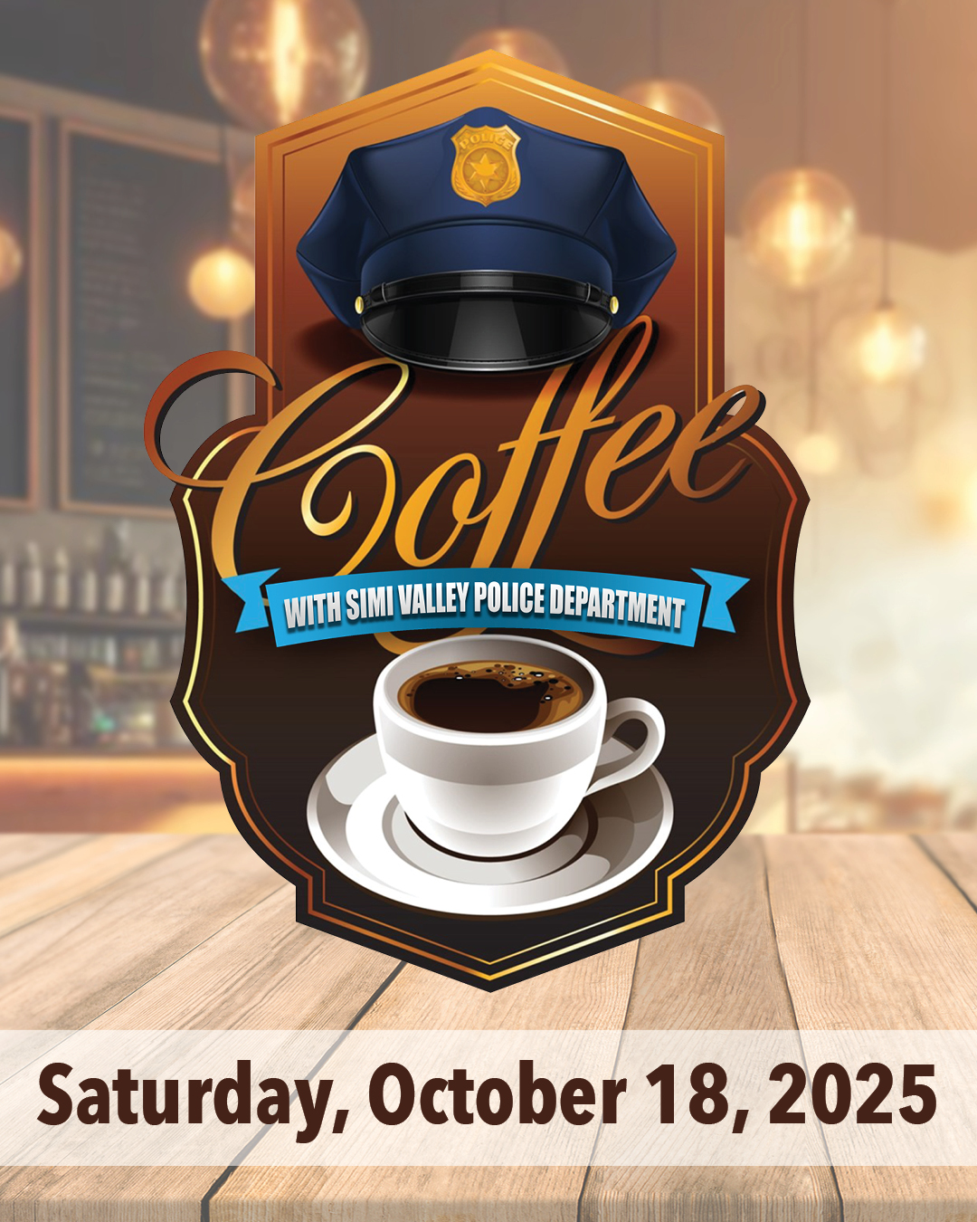 Coffee with a Cop flyer with graphic of a coffee mug and police cap