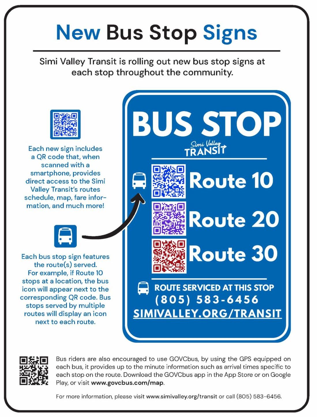 New bus stop sign that has three QR Codes listed for routes 10, 20 and 30