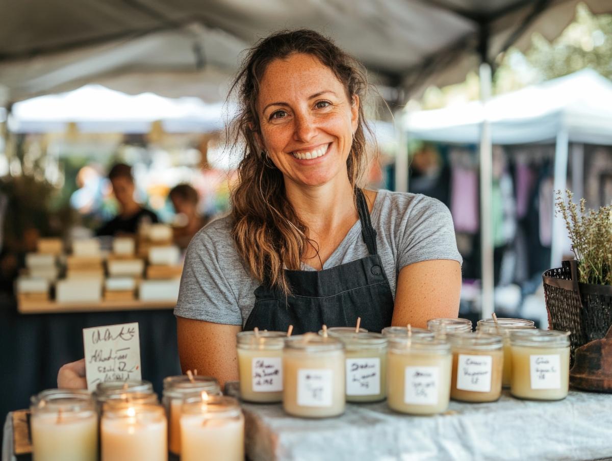 Woman selling homemade candles at a craft fair