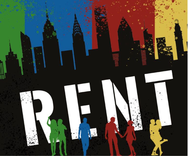 Flyer for RENT musical with the word rent spray painted over a city silhouette