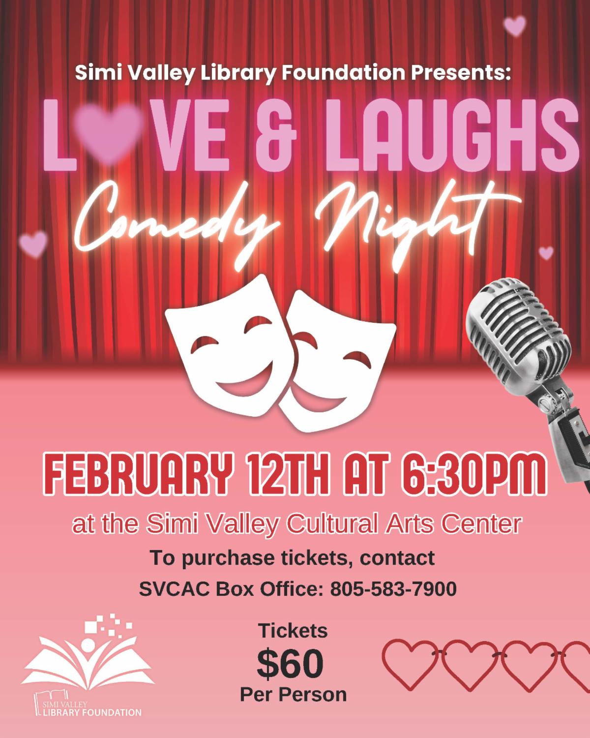 Flyer for Love and Laughs fundraising show with theater masks and microphone in front of a red curtain