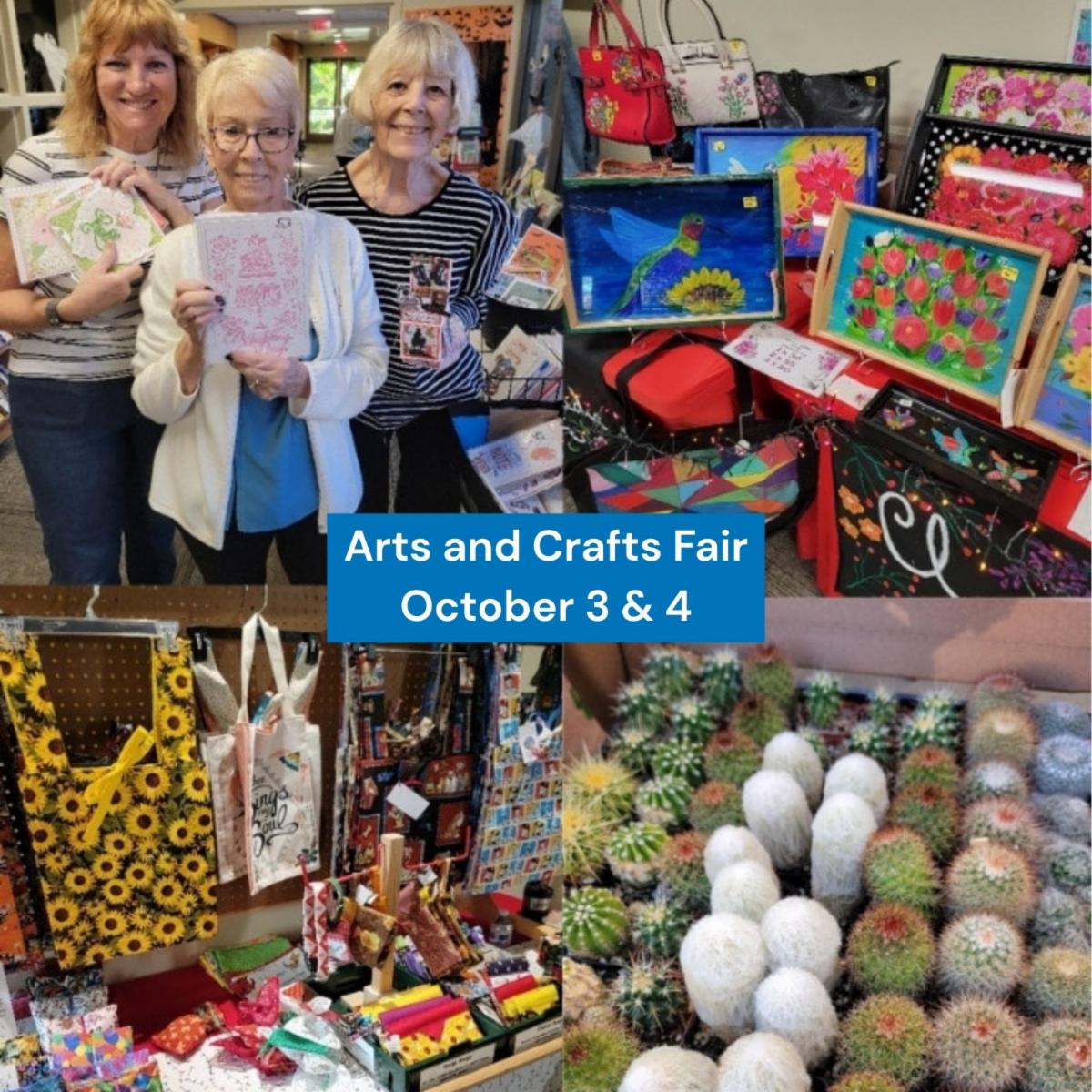 Three seniors displaying homemade cards small succulent plants handmade bags and jewelry