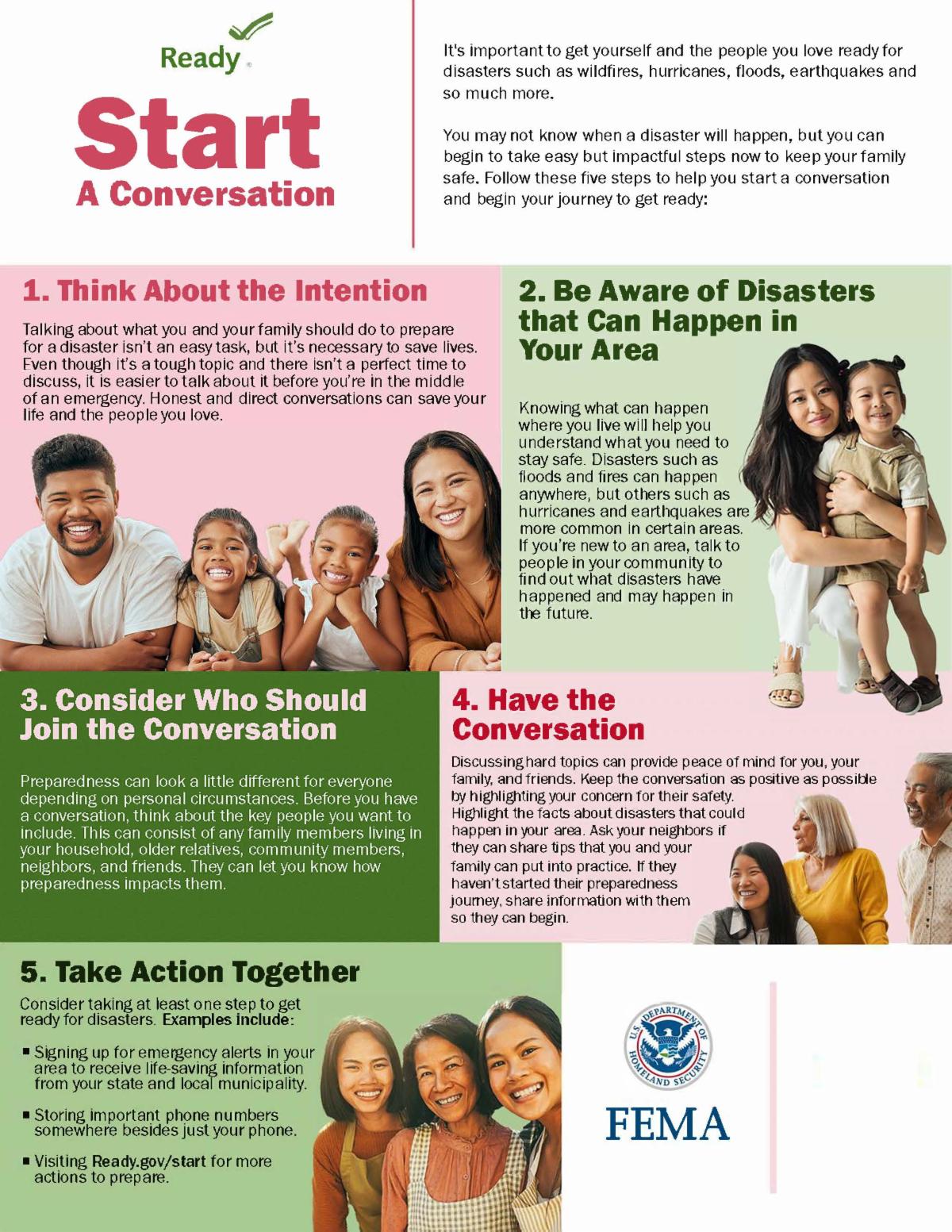 FEMA flyer for National Preparedness Month with their five steps of staring the conversation about being prepared
