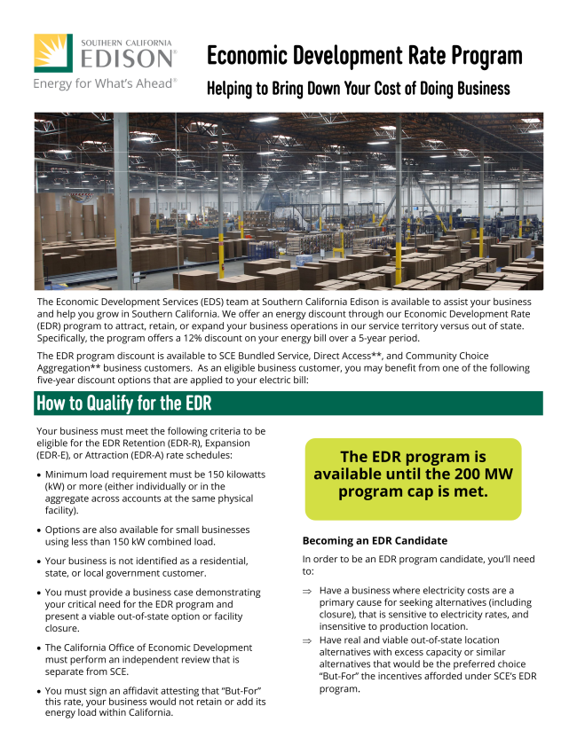 Screenshot of flyer for Southern California Edison Economic Development rate program