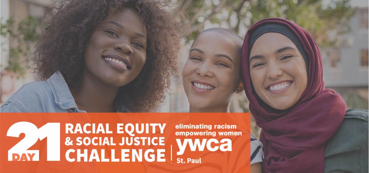 Three teen girls smiling and looking at camera. Racial Equity & Social Justice challenge logo in bottom-left corner.
