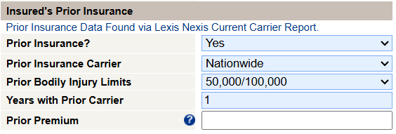 Prior Insurance Auto Personal Lines Prior Carrier Pre-Fill