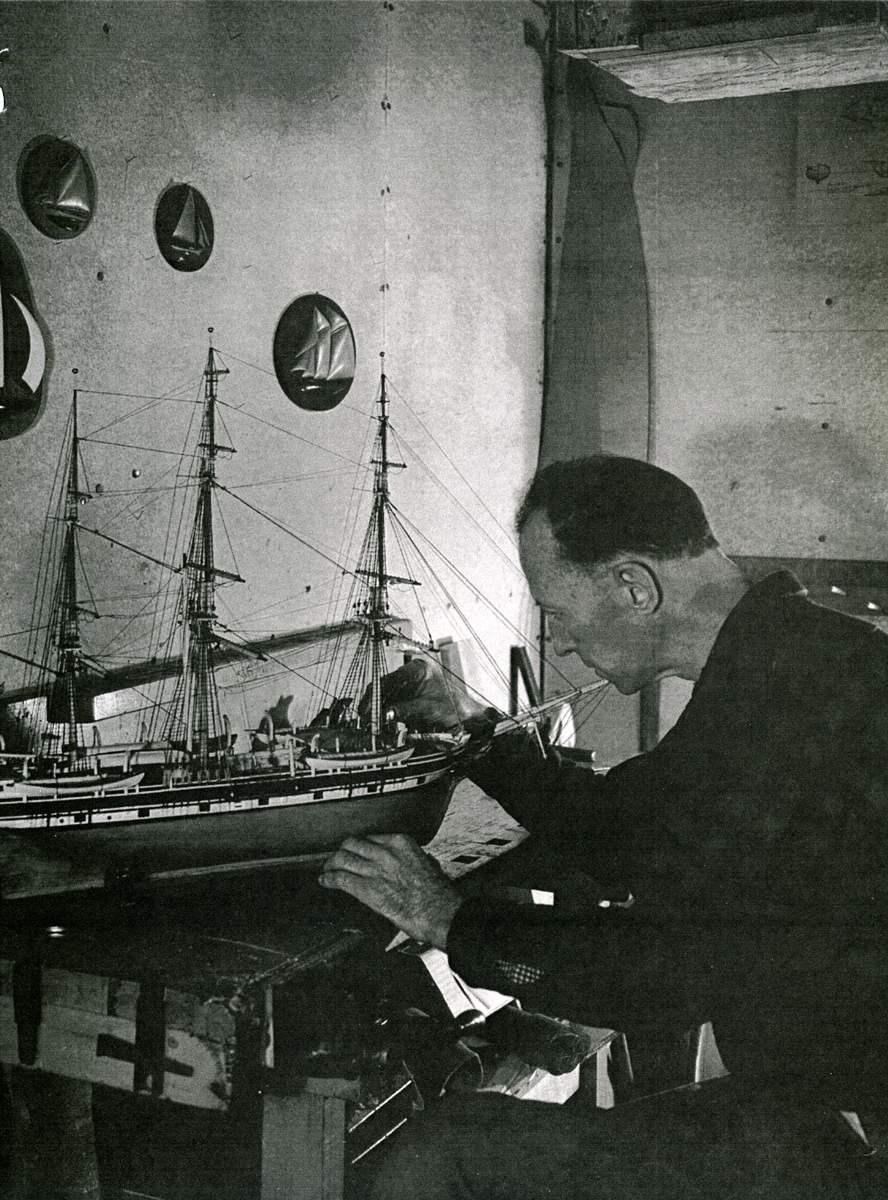 Robert Lindsay Smallidge Sr. Working on His Model of the Whaler, "Alice Mandell"