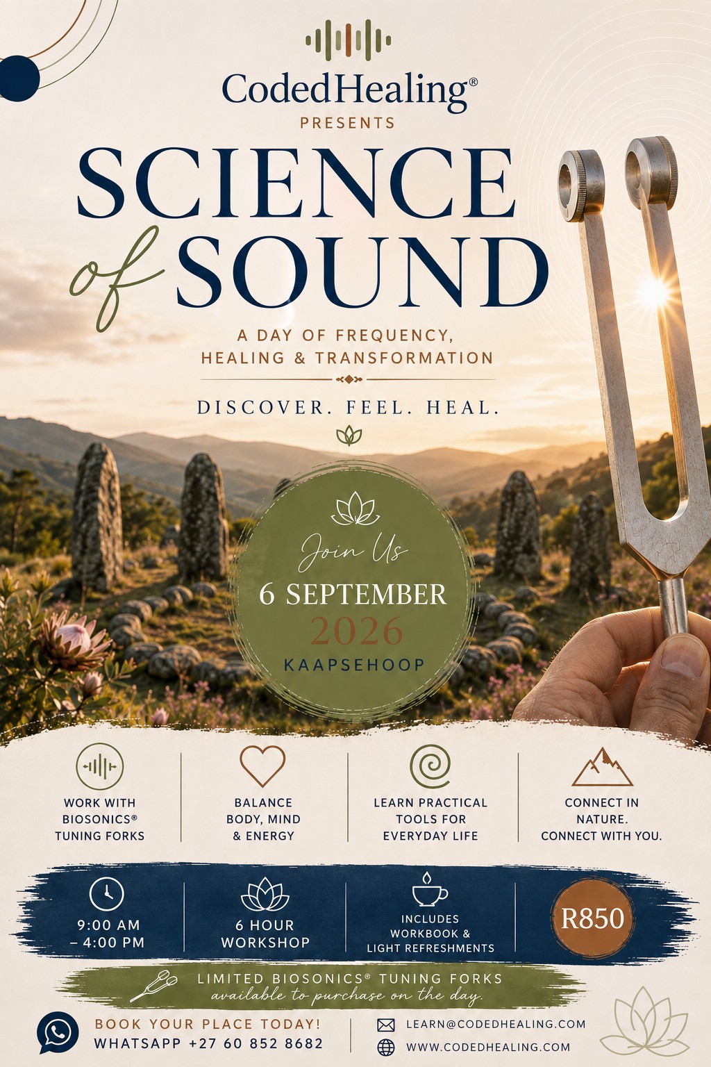 Science of Sound - a day of frequency, healing and transformation. Sunday 6 September 2026, 9am to 4pm, Kaapsehoop. R850, includes workbook and light refreshments.