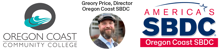 Logos for the Lincoln County Small Business Development Center and America’s SBDC Oregon Coast, with a photo of Gregory Price between the two logos.
