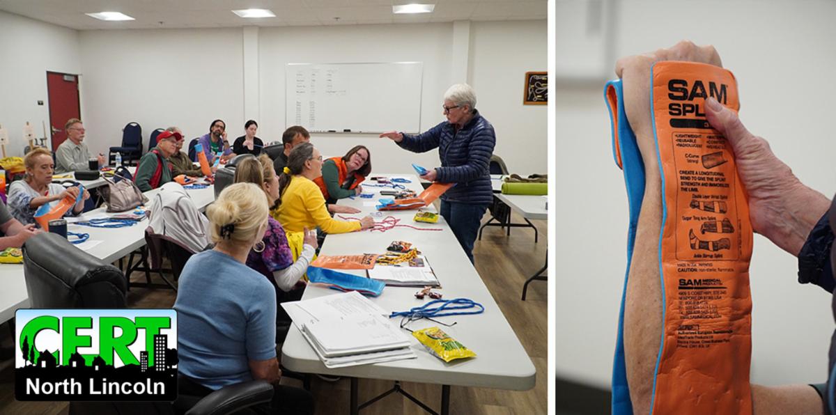 CERT North Lincoln volunteers participating in an emergency preparedness training session, with a close-up of an orange CERT emergency response vest.