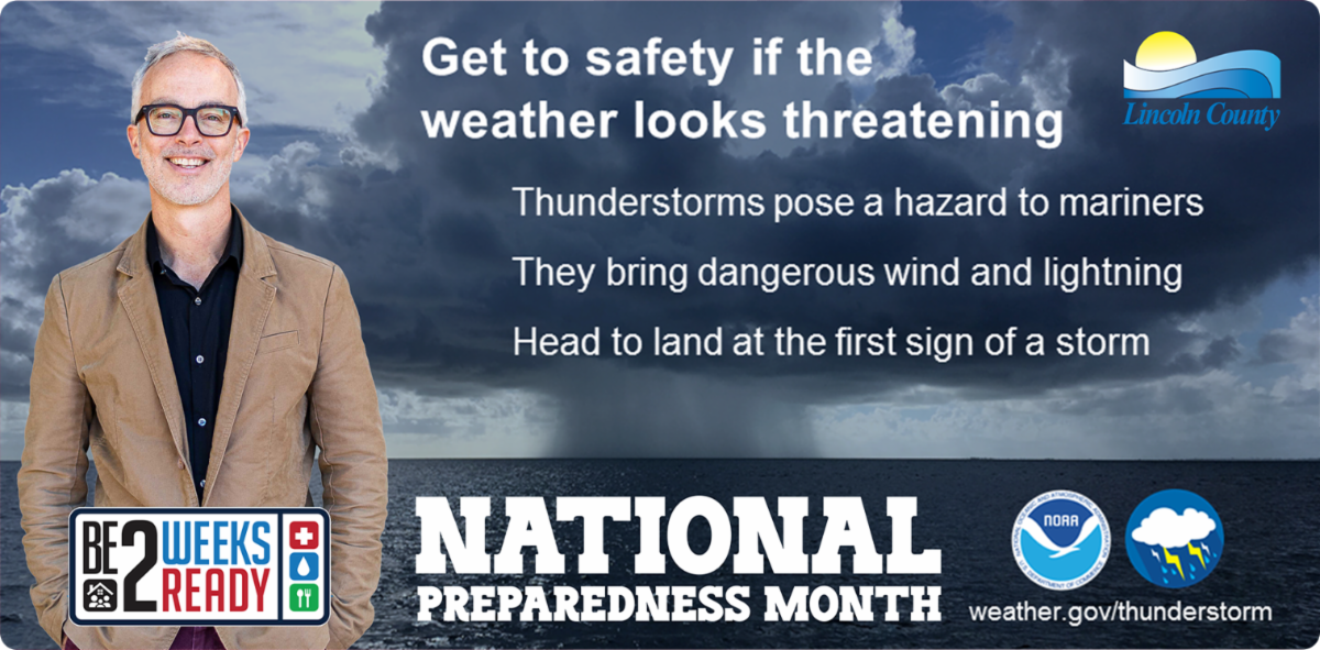 Casey Miller standing beside a National Preparedness Month graphic that reads, “Get to safety if the weather looks threatening.”