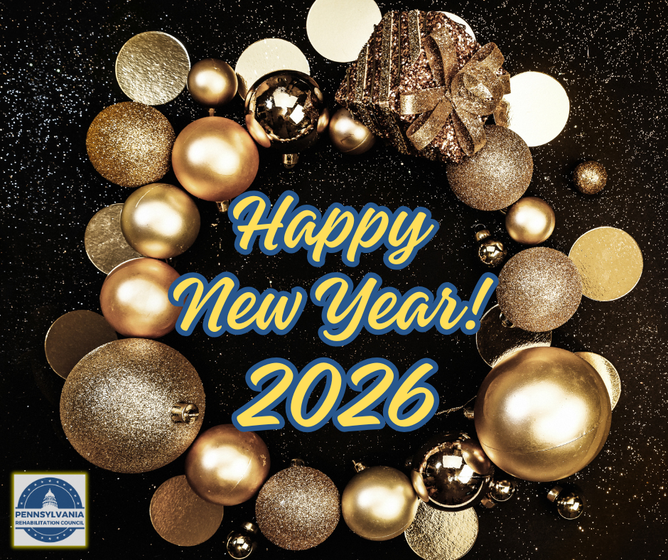 Blue and yellow text of Happy New Year 2026 surrounded by gold holiday decorations and a black and glitter background