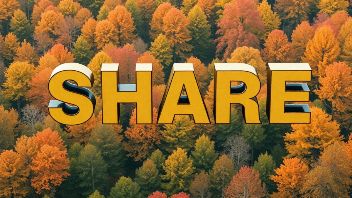 The word SHARE in block letters floating above an autumnal forest of yellow orange and green