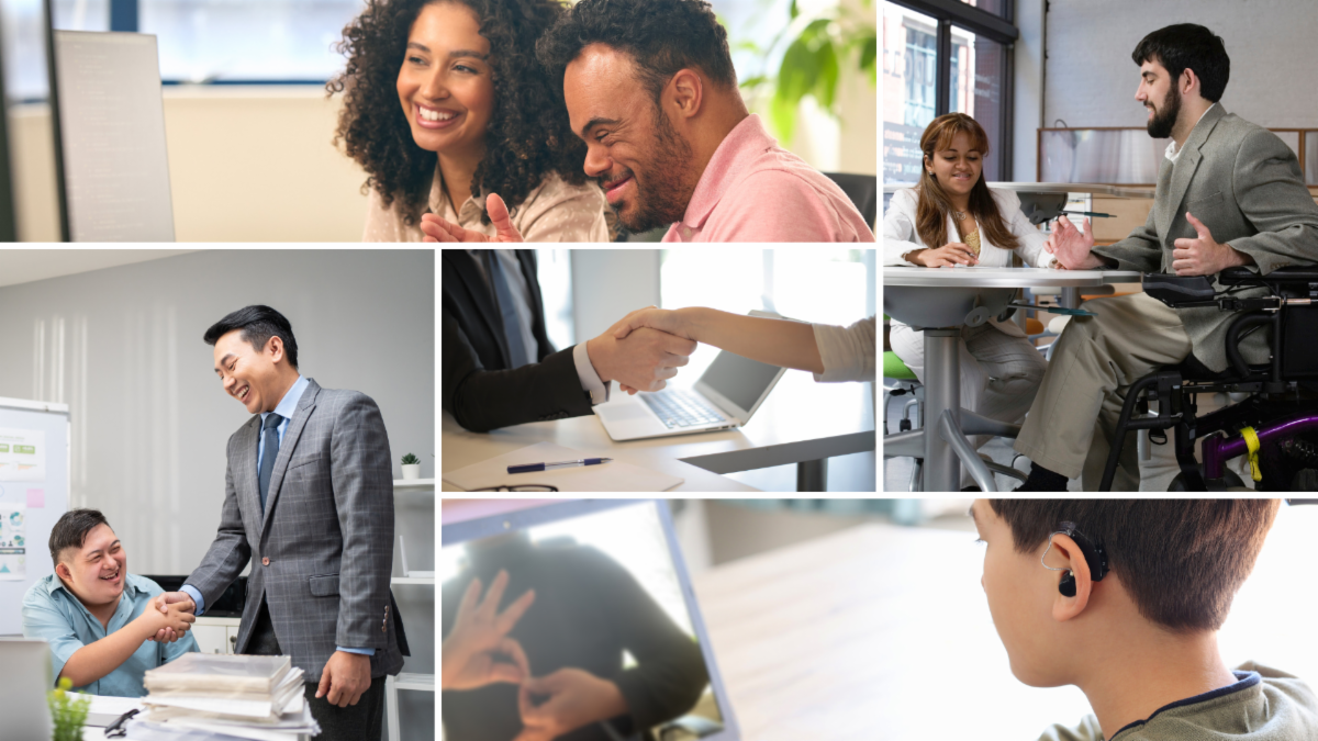 Photo collage of people working together in an office shaking hands using sign language on a virtual meeting