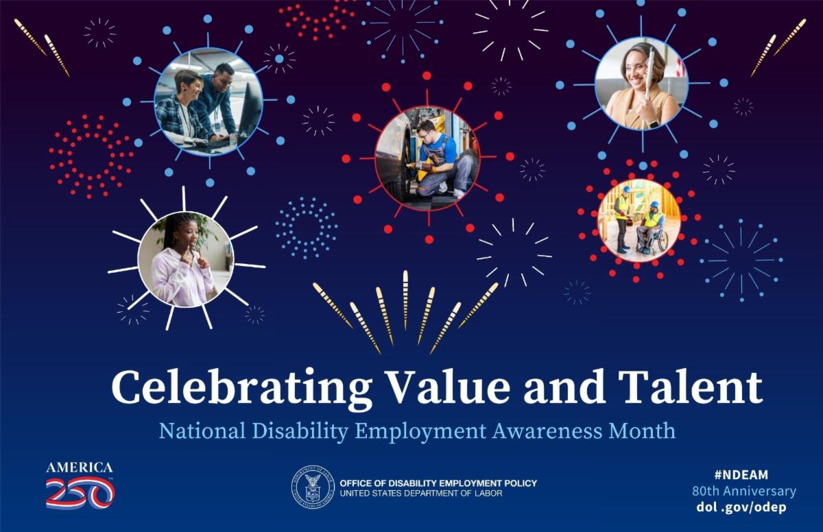 The poster is rectangular in shape with a dark blue background and an array of red white and blue graphical fireworks of different sizes Five of these fireworks frame photos of people with different disabilities working in various environments 