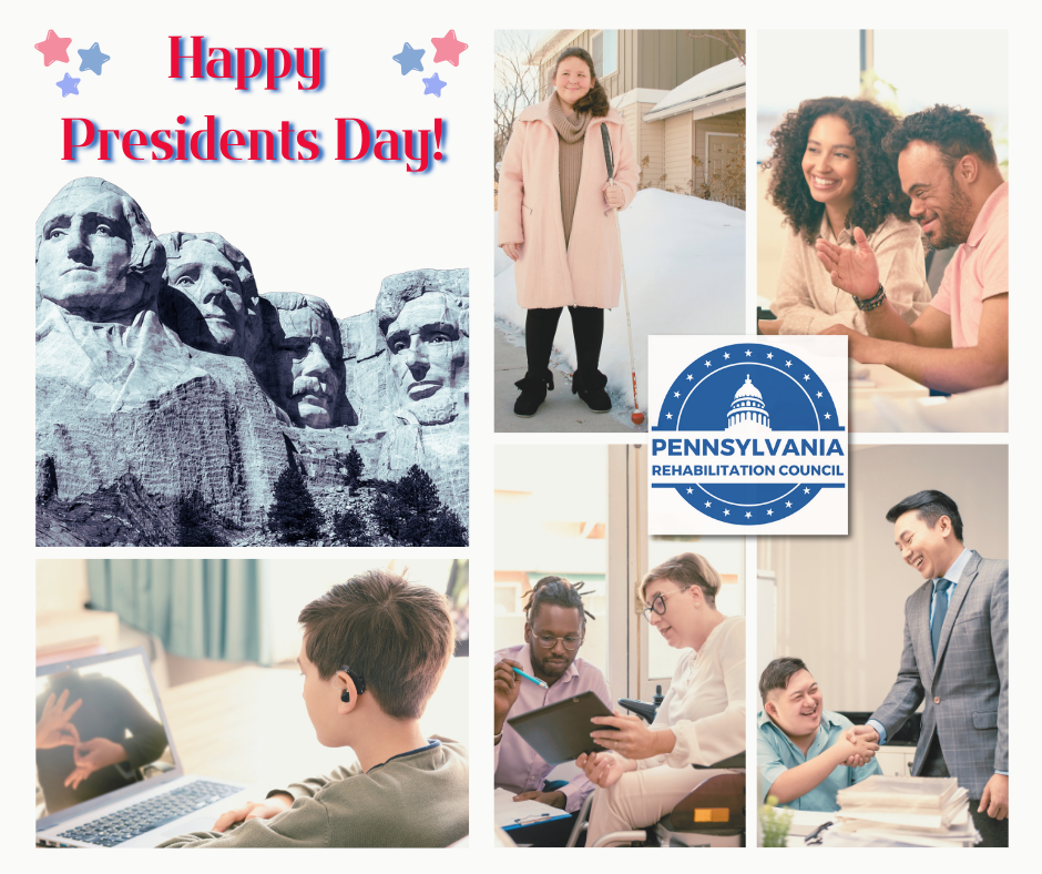 Photo collage including Mount Rushmore with red and blue stars above and red text Happy Presidents Day beside images of people working with PaRC logo in the center