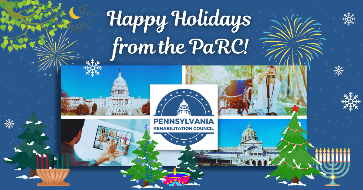 Photo collage with PaRC logo in the center surrounded by snow flakes trees holiday decorations diwali candle manora kwanzaa candles bodhi tree fireworks and the text Happy Holidays from the PaRC