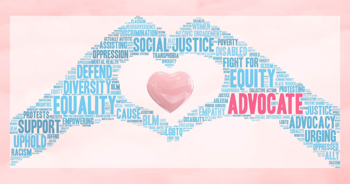 Word cloud of two hands forming a heart 3d pink heart in center with pink background words include advocate equality diversity 