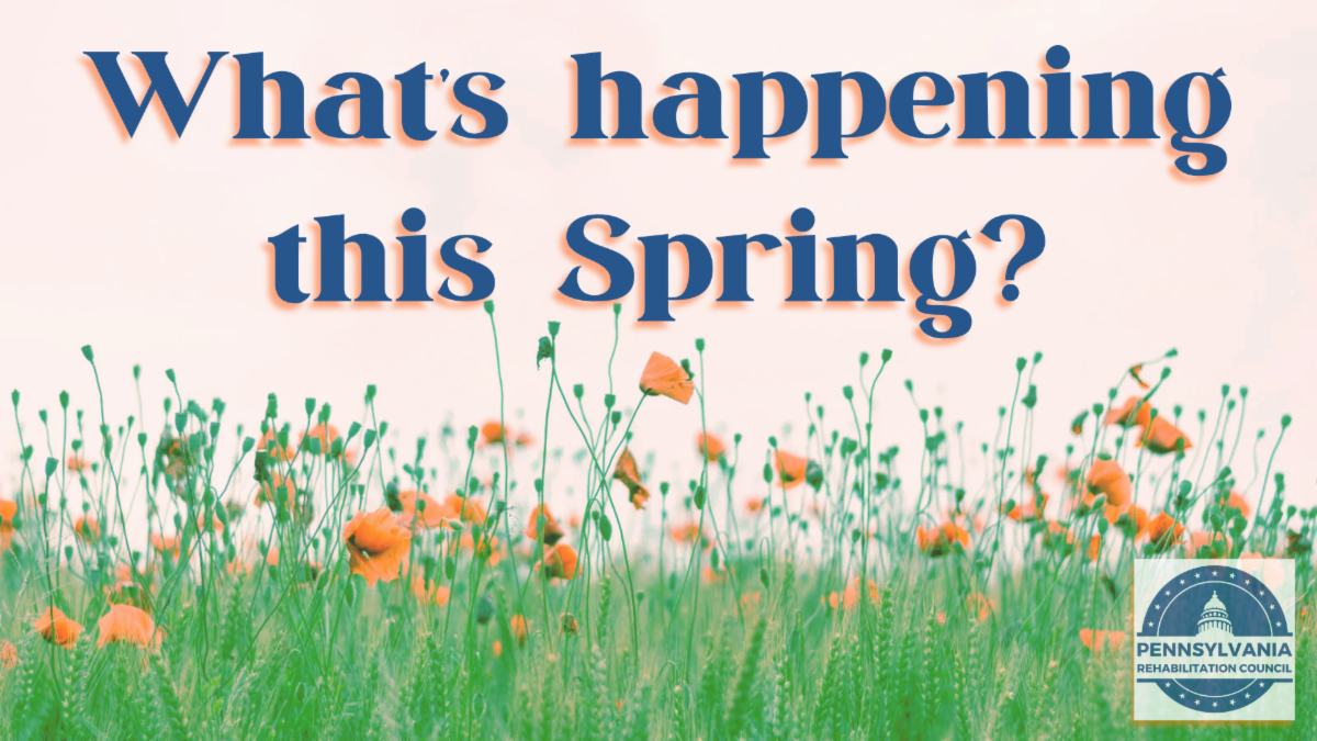 Dark blue text that reads Whats happening this spring with orange flowers and green plants below and the PaRC logo at the bottom right