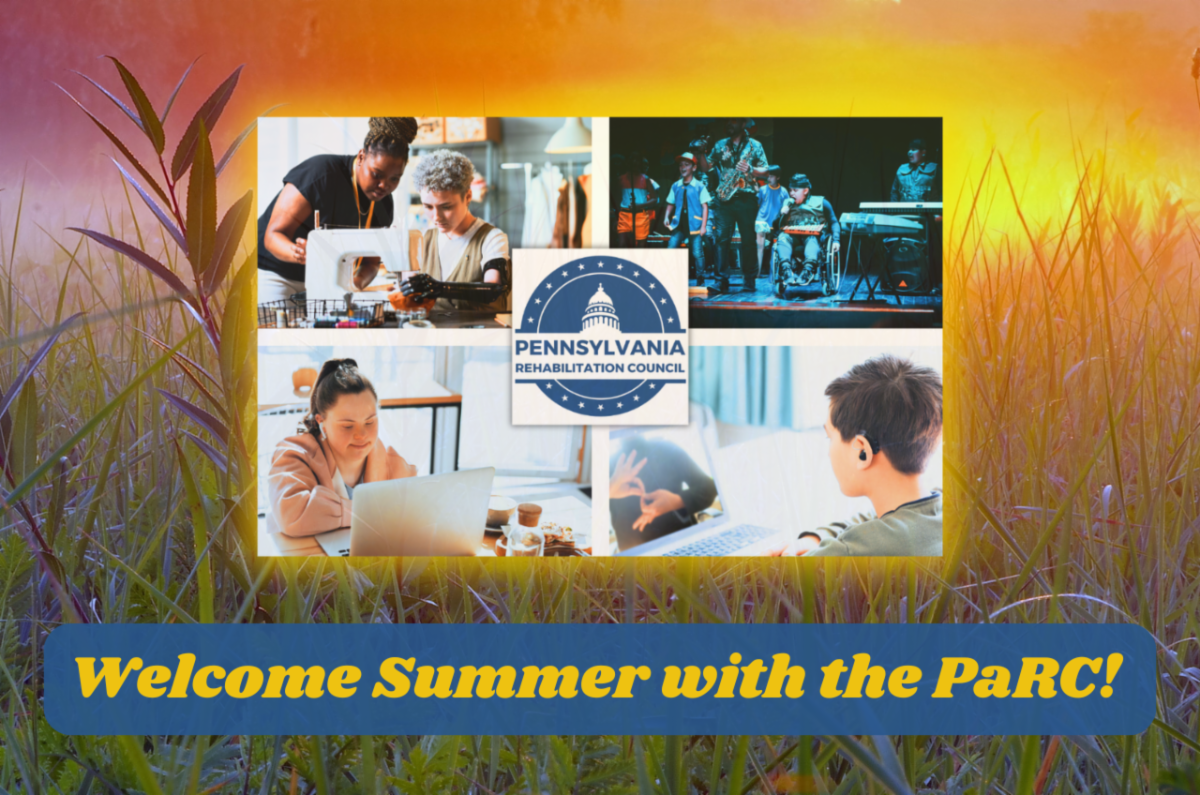 Photo collage of people working and smiling with PaRC logo and text that reads Welcome Summer with the PaRC and there is a summer sunrise in the background with plants and bright colors 