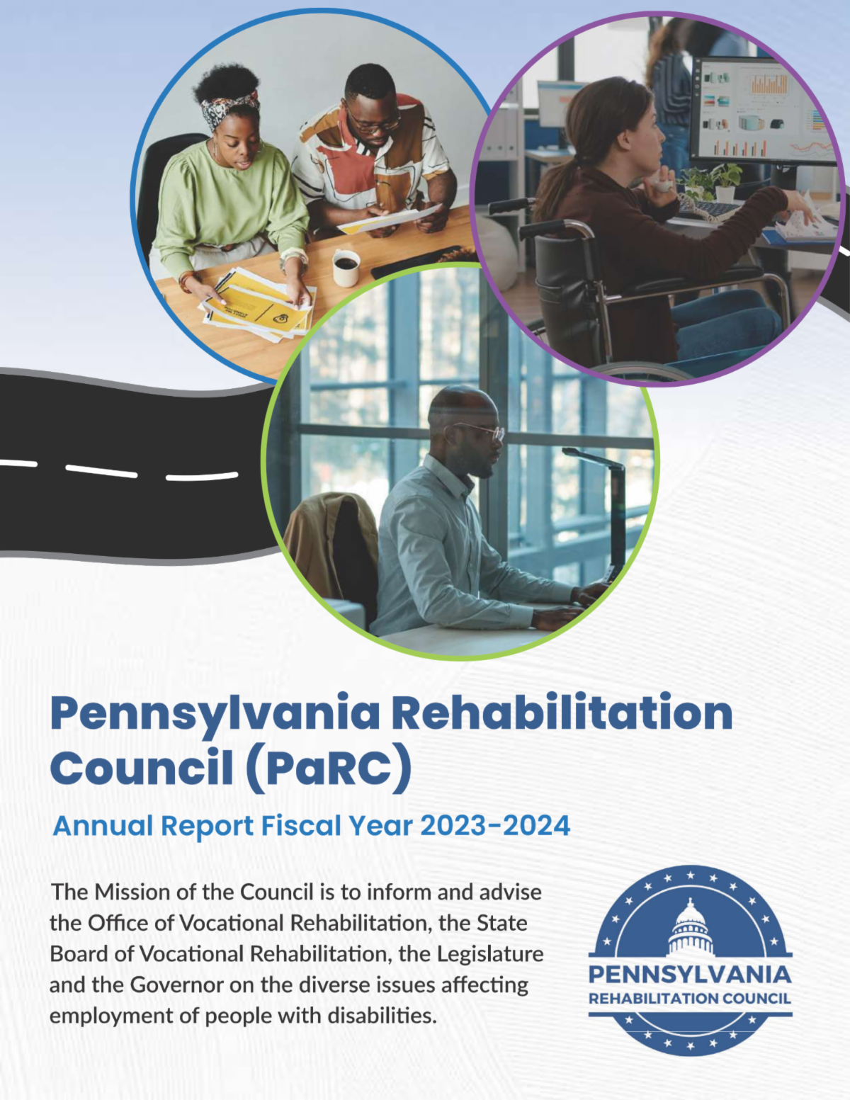 Cover of the PaRC 2023 2024 Annual Report which features NDEAM theme road icon PaRC logo PaRC mission and photos of people working