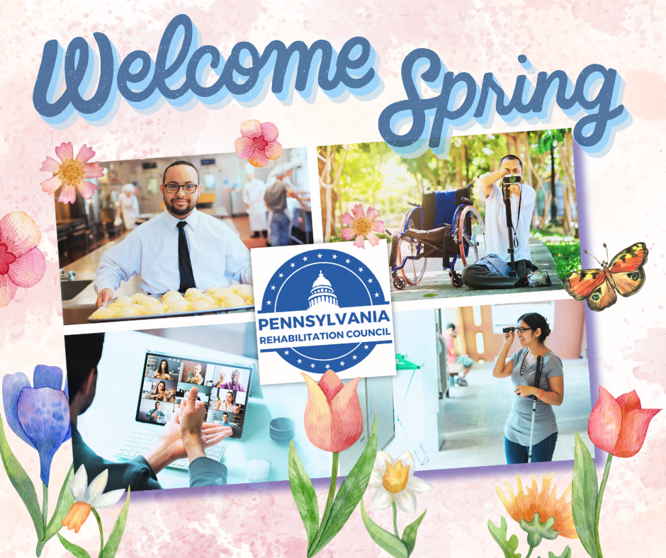 Spring themed collage with the text Welcome Spring at the top underneath is the PaRC logo and 4 photos including server holding pastries photographer person using sign language and person using white cane and magnifying device there are flowers and plants