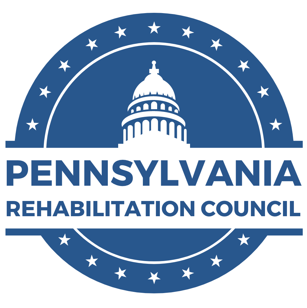 PaRC logo with the words Pennsylvania Rehabilitation Council in the center below white icon of U.S. Capitol surrounded by dark blue circle and small white stars