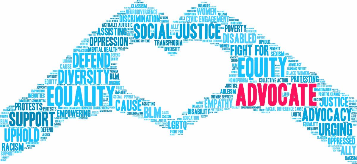 Word cloud of two blue hands forming a heart with words included advocate equality social justice